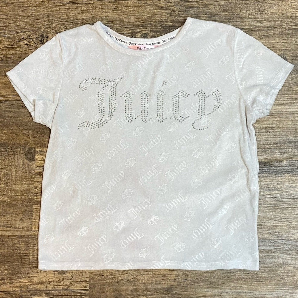 Juicy Couture Sleepwear M White Velour Tee Rhinestone Logo Y2K 2000s Fashion